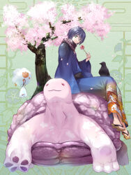 Rule 34 | bag, bagged fish, bird, blue kimono, candy apple, cherry blossoms, cloud print, crow, dairoku ryouhei, fish, food, green background, green eyes, highres, holding, holding food, japanese clothes, kimono, looking at viewer, pink eyes, ranuki, sandals, scarf, sitting, sitting on animal, solo, turtle