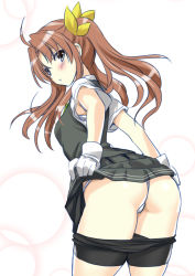 Rule 34 | 1girl, ahoge, ass, bike shorts, black shorts, blush, brown hair, clothes lift, clothes pull, commentary request, from behind, grey eyes, grey skirt, grey vest, kagerou (kancolle), kantai collection, leaning forward, lifted by self, long hair, looking back, mitarashi kousei, panties, ribbon, school uniform, shirt, short sleeves, shorts, shorts pull, skirt, skirt lift, solo, thighs, twintails, underwear, vest, white panties, white shirt
