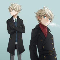 Rule 34 | 10s, 1boy, aldnoah.zero, aqua eyes, bad id, bad pixiv id, belt, blue eyes, blue sweater, blush, breath, buttons, coat, crossed arms, double-breasted, gloves, green necktie, male focus, necktie, parted lips, scarf, seiran (blue-orchid), silver hair, slaine troyard, solo, sweater, trench coat, winter clothes