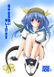 Rule 34 | 1girl, arc system works, asymmetrical wings, blue hair, blue sailor collar, dizzy (guilty gear), guilty gear, pirate, red eyes, ribbon, sailor collar, solo, tail, tail ornament, tail ribbon, wings