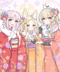 Rule 34 | 3girls, animal ear fluff, animal ears, black gloves, blonde hair, blue archive, blush, braid, commentary, english commentary, food, fox ears, fur-trimmed kimono, fur trim, gloves, halo, highres, japanese clothes, kimono, light brown hair, long hair, long sleeves, mika (blue archive), mochi, multiple girls, nagisa (blue archive), obi, open mouth, orange kimono, parted lips, pink hair, pink halo, red kimono, sash, sateto (user knrf2332), seia (blue archive), simple background, single braid, smile, tea party (blue archive), white background, wide sleeves, yellow eyes, yellow halo, yellow kimono