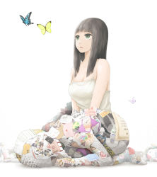 Rule 34 | 1girl, bare shoulders, black hair, blunt bangs, breasts, bug, butterfly, camisole, cleavage, cocoon, green eyes, hime cut, insect, long hair, looking up, open mouth, original, sitting, solo, trash, wariza, yajirushi (chanoma)