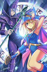 Rule 34 | 1boy, 1girl, amasaki yusuke, artist name, blonde hair, blue footwear, blue hair, blue headwear, blush, boots, breasts, dark magician, dark magician girl, duel monster, green eyes, hand on own head, hat, highres, holding, holding staff, long hair, one eye closed, open hand, purple headwear, robe, small breasts, smile, staff, v-shaped eyebrows, witch, witch hat, wizard, yu-gi-oh!