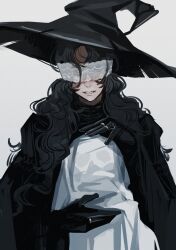 Rule 34 | 1girl, black gloves, black hair, blindfold, bridal gauntlets, commentary, covered eyes, gloves, hat, highres, jewelry, long hair, multiple rings, open mouth, original, parted lips, ring, simple background, solo, symbol-only commentary, tae, teeth, upper body, white background, witch hat