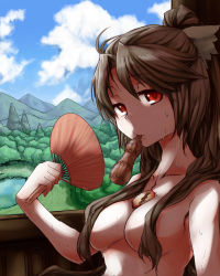 Rule 34 | 1girl, black hair, bow, breasts, brown hair, casual nudity, censored, convenient censoring, day, hand fan, female focus, forest, hair bow, hair censor, hair over breasts, highres, hot, large breasts, long hair, madara hato, nature, nude, red eyes, reiuji utsuho, scenery, solo, summer, sweat, third eye, touhou