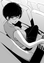 Rule 34 | 1girl, absurdres, arm support, bare shoulders, commentary, english commentary, food, highres, looking at viewer, looking back, monochrome, movie theater, norman maggot, olive laurentia, original, pants, pixie cut, popcorn, shirt, short hair, sitting, sleeveless, sleeveless shirt