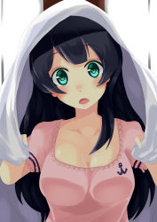 Rule 34 | 10s, 1girl, absurdres, agano (kancolle), baffu, black hair, blanket, blush, breasts, casual, cleavage, collarbone, d:, gradient background, green eyes, highres, kantai collection, long hair, looking at viewer, open mouth, pink shirt, shirt, short sleeves, solo, upper body