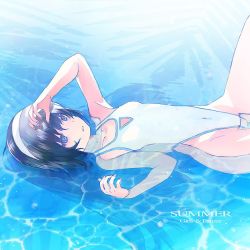 Rule 34 | 1girl, black hair, brown eyes, commentary, copyright name, covered navel, crotch seam, english text, girls und panzer, hairband, hand on own head, highleg, highleg swimsuit, long hair, lying, on back, one-piece swimsuit, parted lips, partially submerged, reizei mako, solo, swimsuit, water, white hairband, white one-piece swimsuit, yurikuta tsukumi