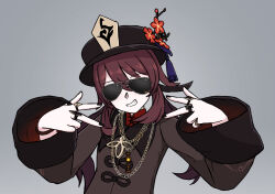 Rule 34 | 1girl, aviator sunglasses, black hat, black nails, brown hair, chinese clothes, clenched teeth, collared coat, commentary, english commentary, flower, genshin impact, gold necklace, grey background, grin, hair between eyes, hands up, hat, hat flower, hat tassel, highres, hu tao (genshin impact), jewelry, long hair, multiple rings, necklace, plum blossoms, porkpie hat, ring, smile, solo, sunglasses, teeth, twintails, upper body, w, xandier59