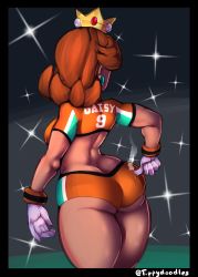 Rule 34 | 1girl, absurdres, artist name, ass, back, black border, border, breasts, brown hair, butt crack, character name, clothes writing, crop top, crown, earrings, flipped hair, from behind, gloves, green shirt, green shorts, highres, jersey, jewelry, mario (series), medium hair, night, nintendo, open hand, orange shirt, orange shorts, outdoors, princess daisy, shirt, short shorts, short sleeves, shorts, smoke, solo, sparkle, super mario strikers, taunting, thick thighs, thighs, tippydoodles, twitter username, white gloves