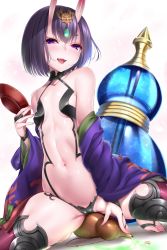 Rule 34 | 1girl, bare shoulders, black panties, breasts, cameltoe, cleft of venus, cup, fangs, fate/grand order, fate (series), gourd, half-closed eyes, highres, horns, japanese clothes, kimono, looking at viewer, navel, nironiro, panties, purple eyes, purple hair, sakazuki, short hair, shuten douji (fate), shuten douji (first ascension) (fate), skin-covered horns, small breasts, smile, solo, spread legs, squatting, stomach, underwear