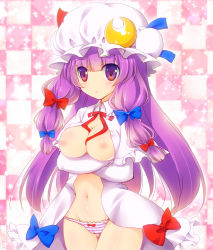Rule 34 | 1girl, bow, breasts, cameltoe, capelet, checkered background, crescent, crossed arms, female focus, hair bow, hat, large breasts, long hair, looking at viewer, nipples, no bra, no nose, no pants, no shirt, open clothes, panties, patchouli knowledge, purple eyes, purple hair, sidelocks, solo, striped clothes, striped panties, touhou, underwear, very long hair