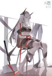 Rule 34 | 1girl, absurdres, arknights, artist name, aweii, bandaged leg, bandages, barefoot, bikini, black bikini, black horns, chair, chinese commentary, closed eyes, closed mouth, commentary request, flower, full body, grey hair, hair flower, hair ornament, hammer, highres, horns, jewelry, long hair, mudrock (arknights), mudrock (silent night) (arknights), official alternate costume, on chair, partial commentary, pendant, red ribbon, ribbon, sitting, sledgehammer, sleeping, solo, swimsuit, yellow flower