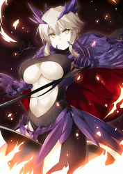 Rule 34 | &gt;:(, 1girl, armor, artist name, artoria pendragon (fate), artoria pendragon (lancer alter) (fate), blonde hair, breasts, cape, center opening, closed mouth, dark background, fate/grand order, fate (series), fire, frown, game cg, gauntlets, glowing, highres, horns, horseback riding, large breasts, long hair, looking at viewer, navel, red cape, riding, serious, sitting, solo, stomach, straddling, subaru (794829485), turtleneck, underboob, v-shaped eyebrows, yellow eyes