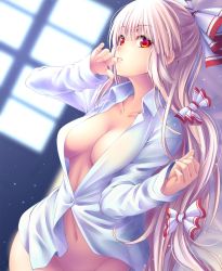 Rule 34 | 1girl, blunt bangs, blurry, blurry background, blush, bottomless, bow, breasts, center opening, collarbone, cowboy shot, curtains, depth of field, dress shirt, finger to mouth, flow, from side, fujiwara no mokou, groin, hair bow, half updo, hijikawa arashi, long hair, long sleeves, looking at viewer, looking to the side, low-tied long hair, medium breasts, naked shirt, navel, no bra, no panties, open clothes, open shirt, out-of-frame censoring, parted lips, petals, red eyes, shirt, silver hair, solo, stomach, thighs, touhou, very long hair, white bow, white shirt, wind, window
