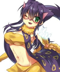 Rule 34 | 1girl, bad hands, bazumi, breasts, cleavage, fang, glasses, green eyes, groin, liepard, long hair, looking at viewer, medium breasts, midriff, navel, one eye closed, open mouth, personification, pokemon, purple hair, smile, solo