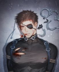 Rule 34 | 1boy, anderain, backpack, bag, bara, black shirt, blood, blood on face, brown hair, commentary request, covered abs, covered erect nipples, covered navel, cuffs, eyepatch, handcuffs, large pectorals, looking at viewer, male focus, muscular, muscular male, ombra (anderain), original, pectoral focus, pectorals, shirt, short hair, sidepec, skin tight, solo, torn clothes, torn shirt, upper body