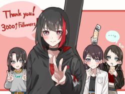Rule 34 | ..., 4girls, bang dream!, bang dream! it&#039;s mygo!!!!!, black choker, black hair, black hoodie, black jacket, black shirt, blue eyes, blush, brown hair, choker, closed mouth, commentary request, double v, drinking straw, earrings, grey eyes, grey sweater, guitar case, highres, holding, hood, hoodie, instrument case, instrument on back, jacket, jewelry, juice box, long hair, long sleeves, mitake ran, mole, mole under eye, multicolored hair, multiple girls, nanami (nunnun 0410), okusawa misaki, open clothes, open jacket, open shirt, parted lips, pink background, purple eyes, red hair, red shirt, shiina taki, shirt, short hair, spoken ellipsis, streaked hair, sweatdrop, sweater, thank you, upper body, v, w, white shirt, yahata umiri