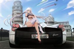 Rule 34 | 1girl, absurdres, aircraft, airplane, alternate costume, aquila (azur lane), architecture, arm support, ass, asymmetrical legwear, azur lane, bare shoulders, barefoot, black shirt, blue sky, breasts, canards, car, cathedral of pisa, checkered clothes, cleavage, cloud, commentary, crop top, crossed legs, day, detached sleeves, eurofighter typhoon, feet, fighter jet, floating hair, full body, gloves, grass, greco-roman architecture, green eyes, grey hair, hair between eyes, hand up, handrail, high heels, highres, italian flag, italy, jet, kcar66t, large breasts, leaning tower of pisa, license plate, long hair, looking at viewer, low twintails, military, military vehicle, motor vehicle, navel, outdoors, pagani, pagani huayra, parted lips, piazza dei miracoli, product placement, pumps, race queen, real world location, road, shadow, shirt, shoe dangle, shoes, sidelocks, single detached sleeve, single shoe, single thighhigh, sitting, sitting on car, sky, sleeveless, sleeveless shirt, smile, solo, stiletto heels, stomach, thighhighs, thighs, thong, turtleneck, twintails, underboob, very long hair, white gloves, white sleeves, white thighhighs, wind, wind lift