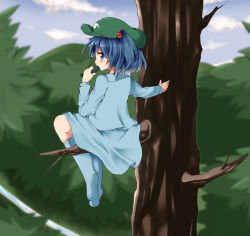 Rule 34 | 1girl, bare tree, blue eyes, blue hair, blush, boots, cucumber, eating, female focus, hair bobbles, hair ornament, hat, in tree, kawashiro nitori, looking back, matching hair/eyes, nanana (chicken union), short hair, sitting, sitting in tree, solo, touhou, tree, twintails, two side up