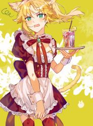 Rule 34 | 1girl, alternate costume, animal ears, apron, blush, bow, bowtie, breasts, cat ears, cat tail, commentary, drinking straw, enmaided, fang, fate/grand order, fate (series), food, fruit, garter straps, green eyes, lemon, lemon slice, looking at viewer, maid, maid apron, medium hair, mordred (fate), red thighhighs, rizu033, skin fang, skirt, skirt tug, small breasts, solo, symbol-only commentary, tail, thighhighs, thighs, tray, wrist cuffs, yellow background