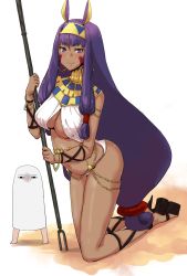 Rule 34 | 1girl, animal ears, ass, bad id, bad pixiv id, blush, breasts, cleavage, dark-skinned female, dark skin, earrings, egyptian, egyptian clothes, fate/grand order, fate (series), gomu (chewinggom), high heels, highres, holding, holding staff, huge breasts, jackal ears, jewelry, kneeling, long hair, looking at viewer, medjed (fate), navel, nitocris (fate), purple eyes, purple hair, smile, staff