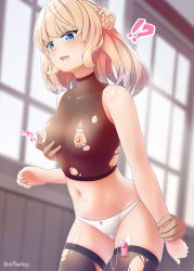 Rule 34 | 1girl, arthur ko, black thighhighs, blue eyes, blush, breasts, collarbone, commission, cowboy shot, groin, highres, kantai collection, light brown hair, long hair, medium breasts, navel, nipple stimulation, nipple tweak, nipples, open mouth, panties, pixiv commission, ranger (kancolle), sex toy, solo, thighhighs, twitter username, underwear, vibrator, vibrator under clothes, vibrator under panties, white panties