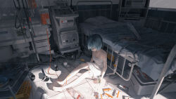 Rule 34 | 1girl, absurdres, ayanami rei, bandaged arm, bandaged leg, bandages, bandaid, bare legs, bare shoulders, barefoot, bed, bed sheet, blanket, blood, blood bag, blue hair, bottle, box, breasts, cable, camisole, can, closed mouth, collarbone, controller, cup, dress, expressionless, feet, from above, full body, glass, highres, holding, homutan (syjg2733), hospital, hospital bed, hospital room, indoors, injury, intravenous drip, legs, looking away, messy room, monitor, neon genesis evangelion, pill, pillow, red eyes, scenery, short dress, short hair, sitting, sleeveless, sleeveless dress, small breasts, solo, spaghetti strap, strap slip, syringe, tile floor, tiles, toenails, toes, tools, tube, white dress, window, wire