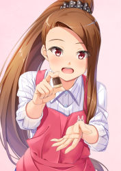 Rule 34 | 10s, 1girl, animal print, apron, breasts, brown eyes, brown hair, buttons, chocolate, collared shirt, dress shirt, feeding, fingernails, food, hair ornament, hair scrunchie, holding, holding food, idolmaster, idolmaster (classic), idolmaster 2, incoming food, long hair, long sleeves, looking at viewer, minase iori, miri (ago550421), open hand, open mouth, outstretched arm, pink apron, pink background, polearm, polka dot, polka dot scrunchie, ponytail, pov feeding, rabbit print, red eyes, scrunchie, shirt, simple background, small breasts, solo, spread fingers, upper body, valentine, very long hair, weapon, white shirt