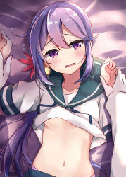 Rule 34 | 1boy, 1girl, akebono (kancolle), bell, blush, clothes lift, commentary request, flower, flying sweatdrops, hair bell, hair flower, hair ornament, highres, holding another&#039;s wrist, jingle bell, kantai collection, long hair, long sleeves, lying, navel, on back, pov, purple eyes, purple hair, school uniform, serafuku, shirt lift, side ponytail, skirt, soramuko, very long hair