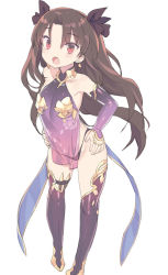 Rule 34 | 1girl, :o, aged down, bare shoulders, black panties, blade (galaxist), blush, boots, brown hair, brown ribbon, collarbone, cosplay, detached sleeves, dress, earrings, fate/grand order, fate (series), full body, hair ribbon, hands on own hips, ishtar (fate), jewelry, kama (fate), kama (fate) (cosplay), kama (second ascension) (fate), long hair, long sleeves, looking at viewer, open mouth, panties, parted bangs, purple dress, purple footwear, purple sleeves, purple thighhighs, red eyes, ribbon, see-through, simple background, sleeveless, sleeveless dress, sleeves past wrists, solo, standing, thigh boots, thighhighs, two side up, underwear, very long hair, white background