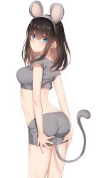 Rule 34 | 1girl, absurdres, animal ears, ass, bare arms, black hair, blue eyes, breasts, commentary request, cowboy shot, crop top, fake animal ears, from behind, go-1, grey shirt, grey shorts, hairband, hands on own ass, highres, idolmaster, idolmaster cinderella girls, long hair, looking at viewer, looking back, medium breasts, midriff, mouse ears, mouse tail, panties, sagisawa fumika, shirt, short sleeves, shorts, simple background, solo, standing, tail, thighs, underwear, white background