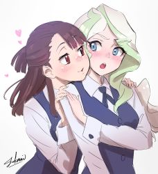 Rule 34 | 2girls, absurdres, blue eyes, blush, brown hair, cheek-to-cheek, diana cavendish, green hair, hands on another&#039;s shoulders, heads together, heart, highres, kagari atsuko, little witch academia, long hair, long sleeves, multicolored hair, multiple girls, nose blush, open mouth, red eyes, signature, simple background, smile, takami masahiro, two-tone hair, upper body, vest, wavy hair, white background, white hair, yuri
