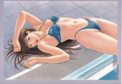 Rule 34 | 1girl, bikini, blue bikini, breasts, brown eyes, brown hair, character request, dear boys, earrings, highres, jewelry, long hair, looking at viewer, lying, medium breasts, navel, on back, open mouth, pool, realistic, smile, solo, swimsuit, water, yagami hiroki