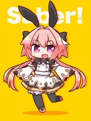 Rule 34 | 1boy, :d, animal ears, astolfo (fate), astolfo (saber) (fate), astolfo (saber) (third ascension) (fate), black bow, black bowtie, black gloves, black legwear, black ribbon, black shirt, black skirt, blush, bow, bowtie, buttons, chibi, commentary request, drop shadow, english text, fake animal ears, fang, fate/grand order, fate (series), full body, gloves, hair between eyes, hair bow, hair intakes, highres, layered skirt, long hair, long sleeves, looking at viewer, low twintails, male focus, multicolored hair, naga u, open mouth, pink hair, puffy long sleeves, puffy sleeves, purple eyes, rabbit ears, ribbon, shadow, shirt, sidelocks, skin fang, skirt, smile, solo, standing, standing on one leg, streaked hair, trap, twintails, white hair, wide sleeves, yellow background