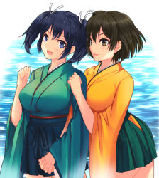 Rule 34 | 10s, 2girls, blouse, blue eyes, blue hair, breasts, brown eyes, brown hair, curvy, hair ornament, hiryuu (kancolle), japanese clothes, kantai collection, large breasts, long sleeves, multiple girls, open mouth, orange shirt, shirt, short hair, side ponytail, skirt, smile, souryuu (kancolle), twintails, water, wide hips, yaoto