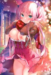 Rule 34 | 1girl, absurdres, adjusting scarf, aqua eyes, blurry, blurry background, blush, bow, bra, bra pull, breasts, buttons, christmas, clothes lift, clothes pull, frilled bra, frills, hair between eyes, hair bow, highres, jacket, kino (kino konomi), large breasts, long hair, looking at viewer, melonbooks, nipples, no panties, no pussy, non-web source, open clothes, open jacket, open shirt, original, outdoors, pink hair, pleated skirt, red scarf, red shirt, red skirt, scarf, school uniform, shirt, shirt pull, sidelocks, skirt, skirt lift, solo, standing, striped clothes, striped scarf, twintails, underwear, white bra, wind, wind lift