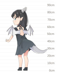 Rule 34 | 1girl, black dress, black footwear, black hair, blue eyes, blush, child, closed mouth, dot nose, dragon girl, dragon horns, dragon tail, dragon wings, dress, from behind, full body, height chart, highres, horns, long hair, looking at viewer, looking back, mao lian (nekokao), original, pointy ears, shoes, sideways glance, slit pupils, smile, solo, standing, tail, wings