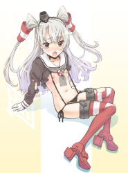 Rule 34 | 10s, 1girl, :o, amatsukaze (kancolle), black panties, blush, brown eyes, dress, flat chest, garter straps, gloves, highres, kantai collection, long hair, looking at viewer, nipples, no bra, no pants, open mouth, panties, personification, petite, red thighhighs, sailor dress, school uniform, serafuku, side-tie panties, silver hair, single glove, sitting, solo, striped clothes, striped thighhighs, suzuki24, thighhighs, torn clothes, torn dress, twintails, two side up, underwear