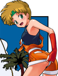 Rule 34 | 1girl, ass, black shirt, blonde hair, blush, buckle, character request, clothing aside, cloud, eyelashes, female focus, gloves, green eyes, green hairband, hairband, haruyama kazunori, headband, looking back, open mouth, orange shorts, palm tree, presenting, red gloves, sexually suggestive, shirt, short hair, short pull, shorts, sky, solo, standing, tongue, tree