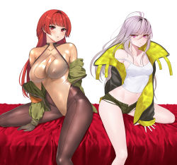 Rule 34 | 2girls, absurdres, ahoge, bare shoulders, blush, bodysuit, breasts, camisole, cleavage, emily (last origin), gloves, highres, hime cut, jacket, large breasts, last origin, leprechaun (last origin), long hair, looking at viewer, medium breasts, midriff, multiple girls, navel, on bed, purple eyes, red eyes, red hair, short shorts, shorts, silver hair, simple background, sitting, skulllee, spaghetti strap, strap slip, torn clothes, torn shorts, white background