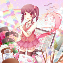 Rule 34 | 1girl, bad id, bad pixiv id, bird, blush, brown hair, brown thighhighs, brush, drawing equipment, flower, globe, hair bobbles, hair ornament, hourglass, monitor, mouse (computer), open mouth, original, pen, petals, pink skirt, rainbow, red eyes, ruler, sanotsuki, shirt, side ponytail, skirt, sleeves rolled up, smile, thighhighs, zettai ryouiki
