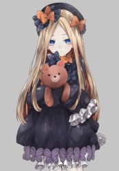 Rule 34 | 1girl, abigail williams (fate), absurdres, black bow, black dress, black hat, blonde hair, bloomers, blue eyes, bow, bug, butterfly, closed mouth, commentary request, cowboy shot, dress, fate/grand order, fate (series), grey background, hair bow, hands in opposite sleeves, hat, head tilt, highres, hugging object, insect, long hair, long sleeves, looking at viewer, orange bow, parted bangs, polka dot, polka dot bow, shirone (shiromame-0111), solo, stuffed animal, stuffed toy, teddy bear, teeth, underwear, upper teeth only, very long hair, white bloomers