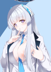 Rule 34 | 1girl, blue archive, blue background, blue necktie, breasts, collared shirt, covered erect nipples, formal, gokubuto mayuge, grey hair, halo, hand to own mouth, headphones, large breasts, long hair, looking at viewer, mechanical halo, necktie, no bra, noa (blue archive), open clothes, open shirt, purple eyes, shirt, smile, solo, suit, underwear, white shirt, white suit