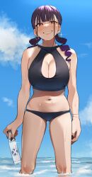 Rule 34 | 1girl, black nails, blue sky, bottle, bracelet, breasts, cleavage cutout, clothing cutout, corrupted twitter file, drill hair, earrings, heart, heart earrings, highres, igarashi kyouhei, jewelry, large breasts, mole, mole under eye, nail polish, navel, original, outdoors, partially submerged, purple hair, red eyes, sky, smile, solo, stomach, swimsuit, twin drills, younger cousin (igarashi kyouhei)