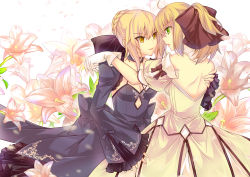 Rule 34 | 2girls, :d, :o, ahoge, artoria pendragon (fate), back, bare back, bare shoulders, black bow, black ribbon, blonde hair, blue dress, blue neckwear, bow, braid, breasts, choker, cleavage, couple, dark persona, detached collar, detached sleeves, dress, dual persona, eye contact, face-to-face, fate/stay night, fate/unlimited codes, fate/zero, fate (series), female focus, floral background, flower, formal, french braid, gloves, green eyes, hair between eyes, hair bow, hair ribbon, hug, light persona, lily (flower), ling tian nailad, long hair, long sleeves, looking at another, medium breasts, multiple girls, nailad, naughty face, open mouth, petals, ponytail, puffy detached sleeves, puffy sleeves, ribbon, saber (fate), saber alter, saber lily, selfcest, serious, sleeves past wrists, smile, strapless, strapless dress, type-moon, white dress, white gloves, wide sleeves, yellow eyes, yuri