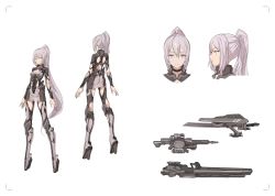 Rule 34 | 1girl, absurdres, back, bad hands, bad id, bad twitter id, breasts, cancell, character sheet, full body, grey eyes, high heels, highres, impossible clothes, long hair, medium breasts, multiple views, open clothes, original, ponytail, red eyes, science fiction, spread legs, thigh strap, weapon