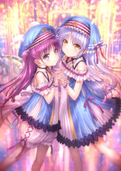 Rule 34 | 2girls, angel beats!, blue dress, blue headwear, blue shirt, closed mouth, commentary request, crossover, dress, flat chest, frilled shirt, frills, goto p, hat, headdress, highres, holding hands, katou umi, long hair, multiple girls, parted lips, pink eyes, pink hair, pink ribbon, ribbon, shirt, shorts, smile, summer pockets, tenshi (angel beats!), two side up, white hair, white ribbon, white shorts, yellow eyes