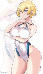 Rule 34 | 1girl, absurdres, aiuti, blonde hair, blue eyes, breasts, clothes pull, clothes writing, collarbone, competition swimsuit, contrapposto, cowboy shot, girls&#039; frontline, highleg, highleg swimsuit, highres, large breasts, mole, mole under eye, one-piece swimsuit, one-piece swimsuit pull, short hair, simple background, solo, standing, swimsuit, twitter username, vsk-94 (girls&#039; frontline), white background, white one-piece swimsuit, zoom layer