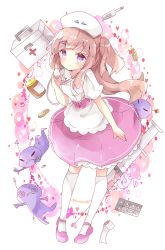 Rule 34 | 1girl, :&gt;, = =, @ @, arrow (projectile), bad id, bad pixiv id, bandages, bandaid, biting, blush, bow (weapon), brown hair, cherub, circle skirt, clothes in mouth, commentary request, cupid, demon, digital thermometer, first aid kit, full body, hair ornament, hairclip, halo, hat, heart, highres, jar, lace, lace-trimmed skirt, lace trim, large syringe, layered skirt, leaning forward, long hair, looking at viewer, nurse, nurse cap, original, oversized object, pill, pink skirt, purple eyes, shirt, short sleeves, skirt, skirt in mouth, smile, standing, stethoscope, syringe, thermometer, thighhighs, tsukiyo (skymint), two side up, weapon, white shirt, white thighhighs, wings